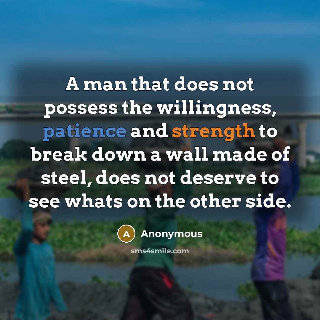 “A man that does not possess the willingness, patience and strength to break down a wall made of steel, does not deserve to see whats on the other side.” quote by Anonymous