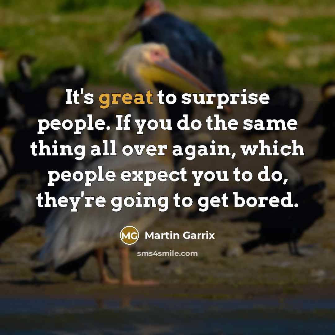 “It's great to surprise people. If you do the same thing all over again, which people expect you to do, they're going to get bored.” quote by Martin Garrix