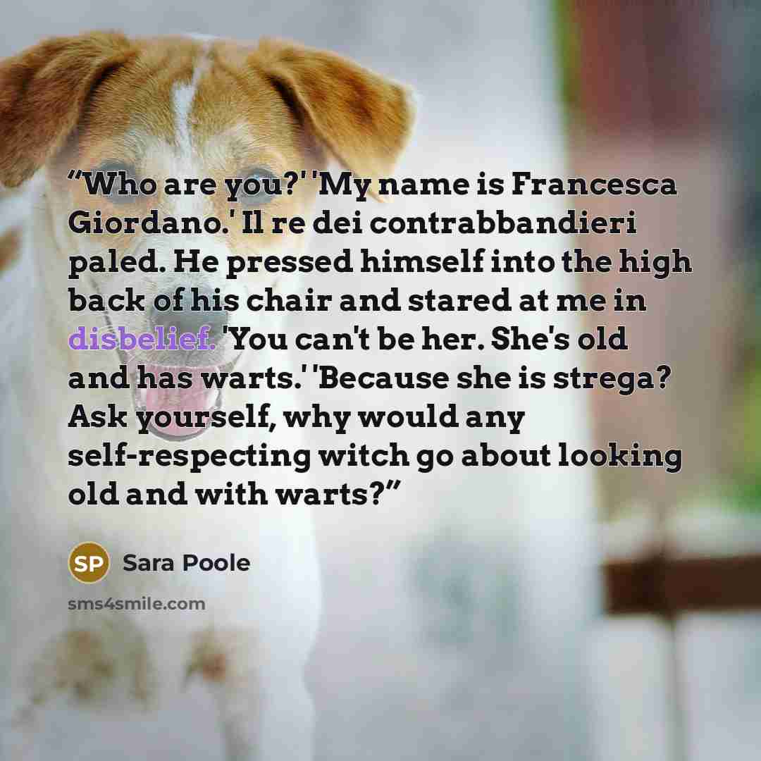“Who are you?' 'My name is Francesca Giordano.' Il re dei contrabbandieri paled. He pressed himself into the high back of his chair and stared at me in disbelief. 'You can't be her. She's old and has warts.' 'Because she is strega? Ask yourself, why would any self-respecting witch go about looking…” quote by Sara Poole