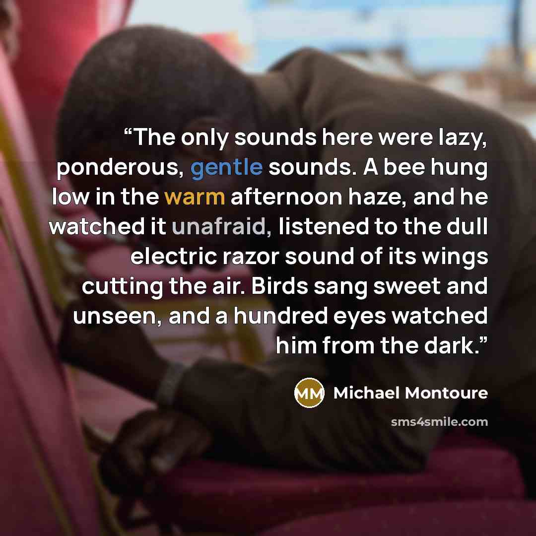 “The only sounds here were lazy, ponderous, gentle sounds. A bee hung low in the warm afternoon haze, and he watched it unafraid, listened to the dull electric razor sound of its wings cutting the air. Birds sang sweet and unseen, and a hundred eyes watched him from the dark.” quote by Michael Montoure