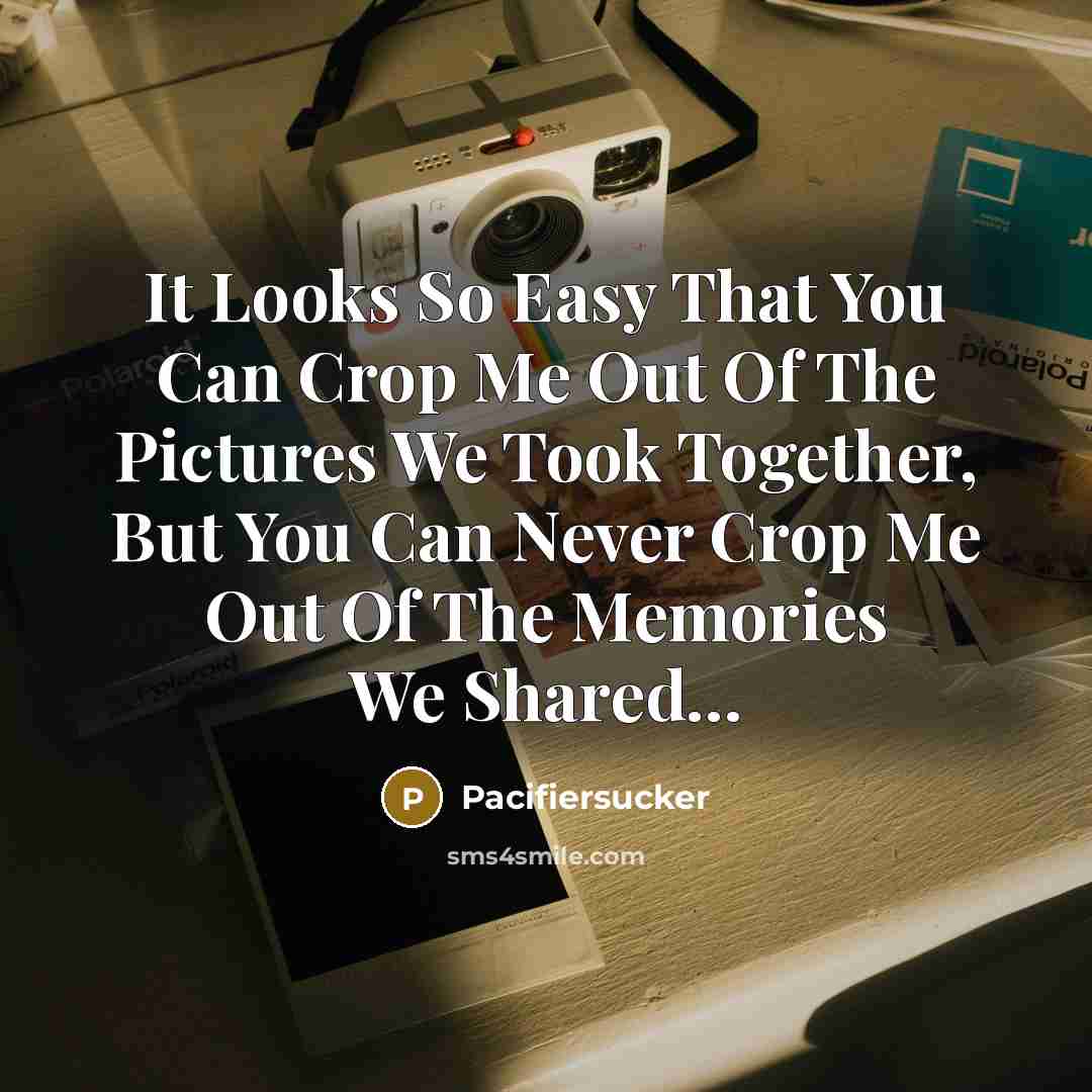 “It Looks So Easy That You Can Crop Me Out Of The Pictures We Took Together, But You Can Never Crop Me Out Of The Memories We Shared…” quote by Pacifiersucker