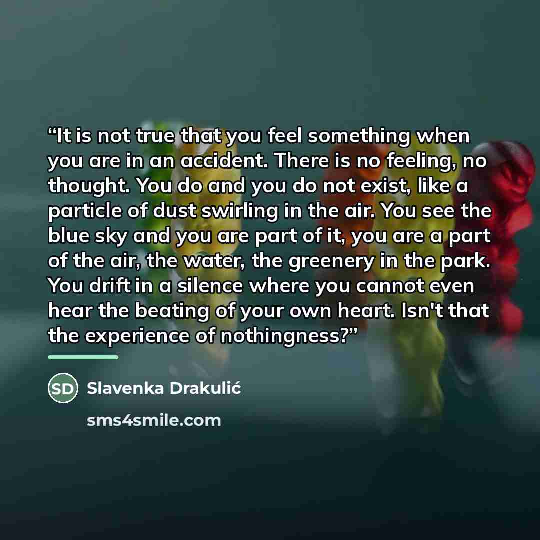 “It is not true that you feel something when you are in an accident. There is no feeling, no thought. You do and you do not exist, like a particle of dust swirling in the air. You see the blue sky and you are part of it, you are a part of the air, the water, the greenery in the park. You drift in a…” quote by Slavenka Drakulić