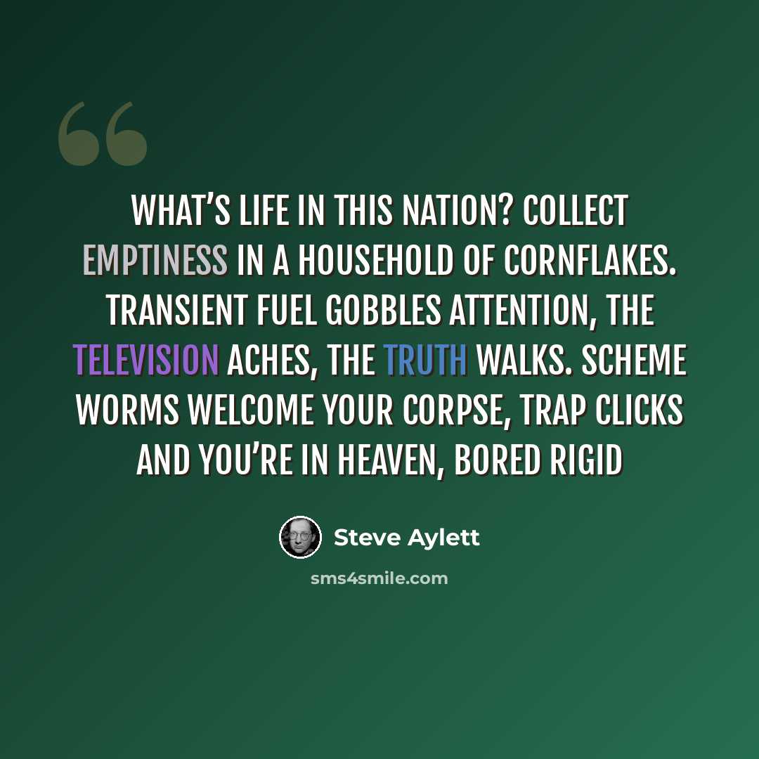 “What’s life in this nation? Collect emptiness in a household of cornflakes. Transient fuel gobbles attention, the television aches, the truth walks. Scheme worms welcome your corpse, trap clicks and you’re in heaven, bored rigid” quote by Steve Aylett