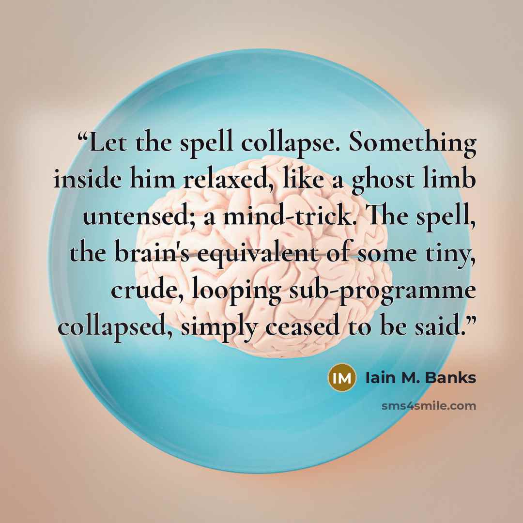 “Let the spell collapse. Something inside him relaxed, like a ghost limb untensed; a mind-trick. The spell, the brain's equivalent of some tiny, crude, looping sub-programme collapsed, simply ceased to be said.” quote by Iain M. Banks