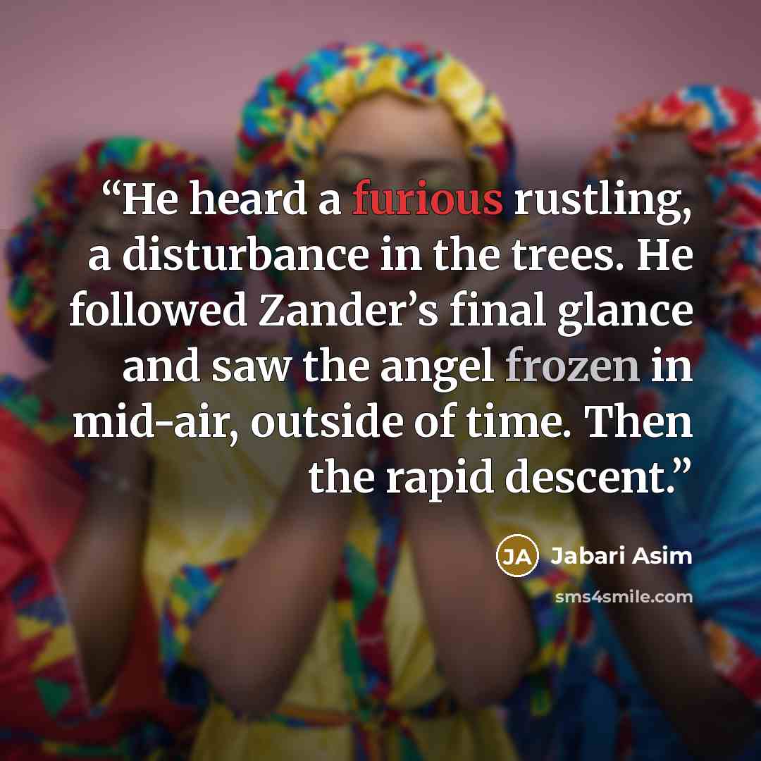 “He heard a furious rustling, a disturbance in the trees. He followed Zander’s final glance and saw the angel frozen in mid-air, outside of time. Then the rapid descent.” quote by Jabari Asim