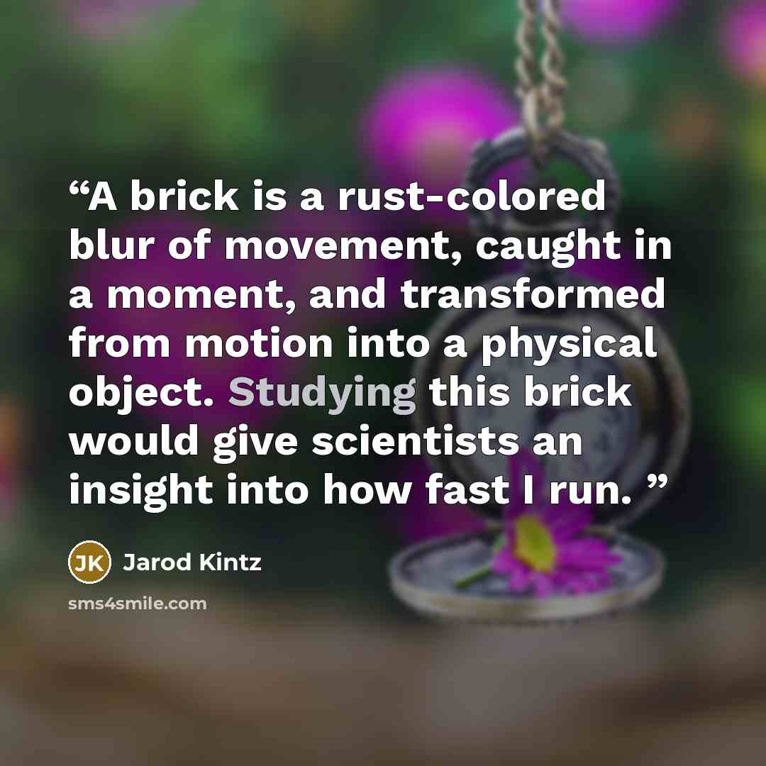 “A brick is a rust-colored blur of movement, caught in a moment, and transformed from motion into a physical object. Studying this brick would give scientists an insight into how fast I run.” quote by Jarod Kintz