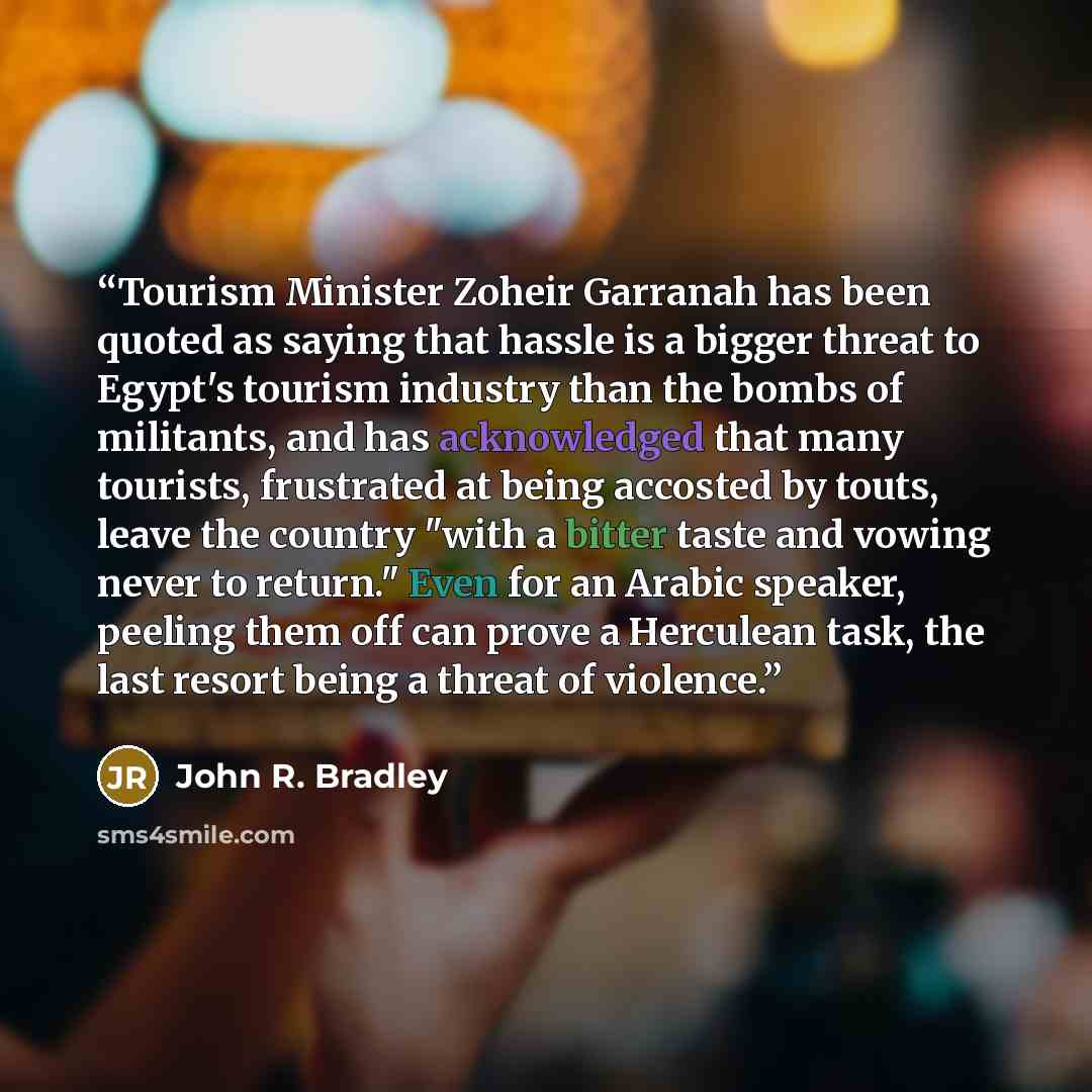 “Tourism Minister Zoheir Garranah has been quoted as saying that hassle is a bigger threat to Egypt's tourism industry than the bombs of militants, and has acknowledged that many tourists, frustrated at being accosted by touts, leave the country "with a bitter taste and vowing never to return."…” quote by John R. Bradley