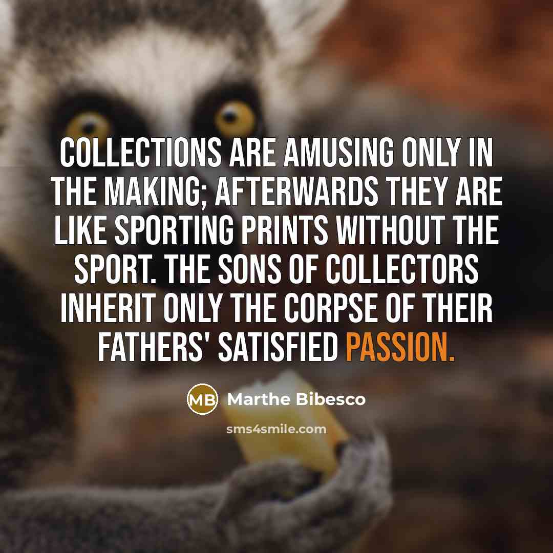“collections are amusing only in the making; afterwards they are like sporting prints without the sport. The sons of collectors inherit only the corpse of their fathers' satisfied passion.” quote by Marthe Bibesco
