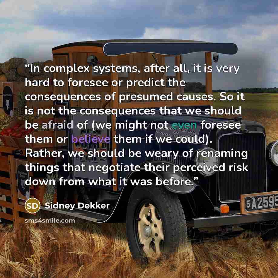 “In complex systems, after all, it is very hard to foresee or predict the consequences of presumed causes. So it is not the consequences that we should be afraid of (we might not even foresee them or believe them if we could). Rather, we should be weary of renaming things that negotiate their…” quote by Sidney Dekker