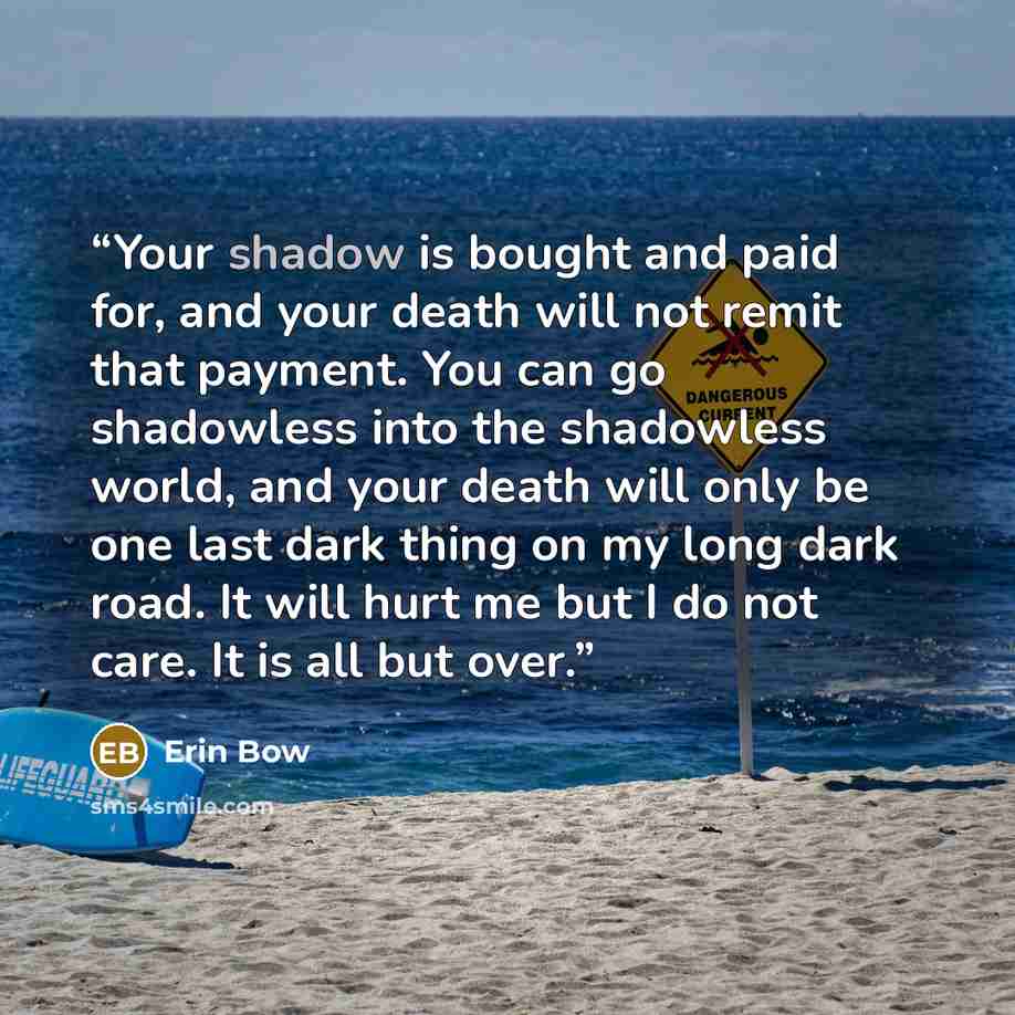 “Your shadow is bought and paid for, and your death will not remit that payment. You can go shadowless into the shadowless world, and your death will only be one last dark thing on my long dark road. It will hurt me but I do not care. It is all but over.” quote by Erin Bow
