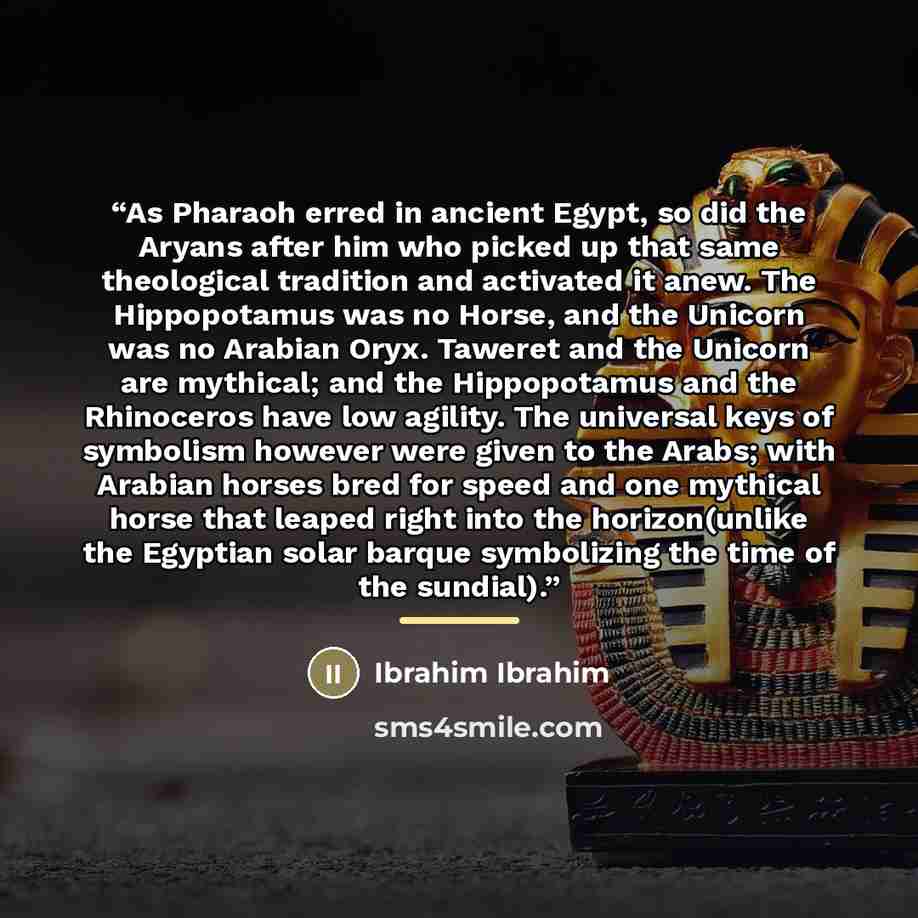 “As Pharaoh erred in ancient Egypt, so did the Aryans after him who picked up that same theological tradition and activated it anew. The Hippopotamus was no Horse, and the Unicorn was no Arabian Oryx. Taweret and the Unicorn are mythical; and the Hippopotamus and the Rhinoceros have low agility…” quote by Ibrahim Ibrahim