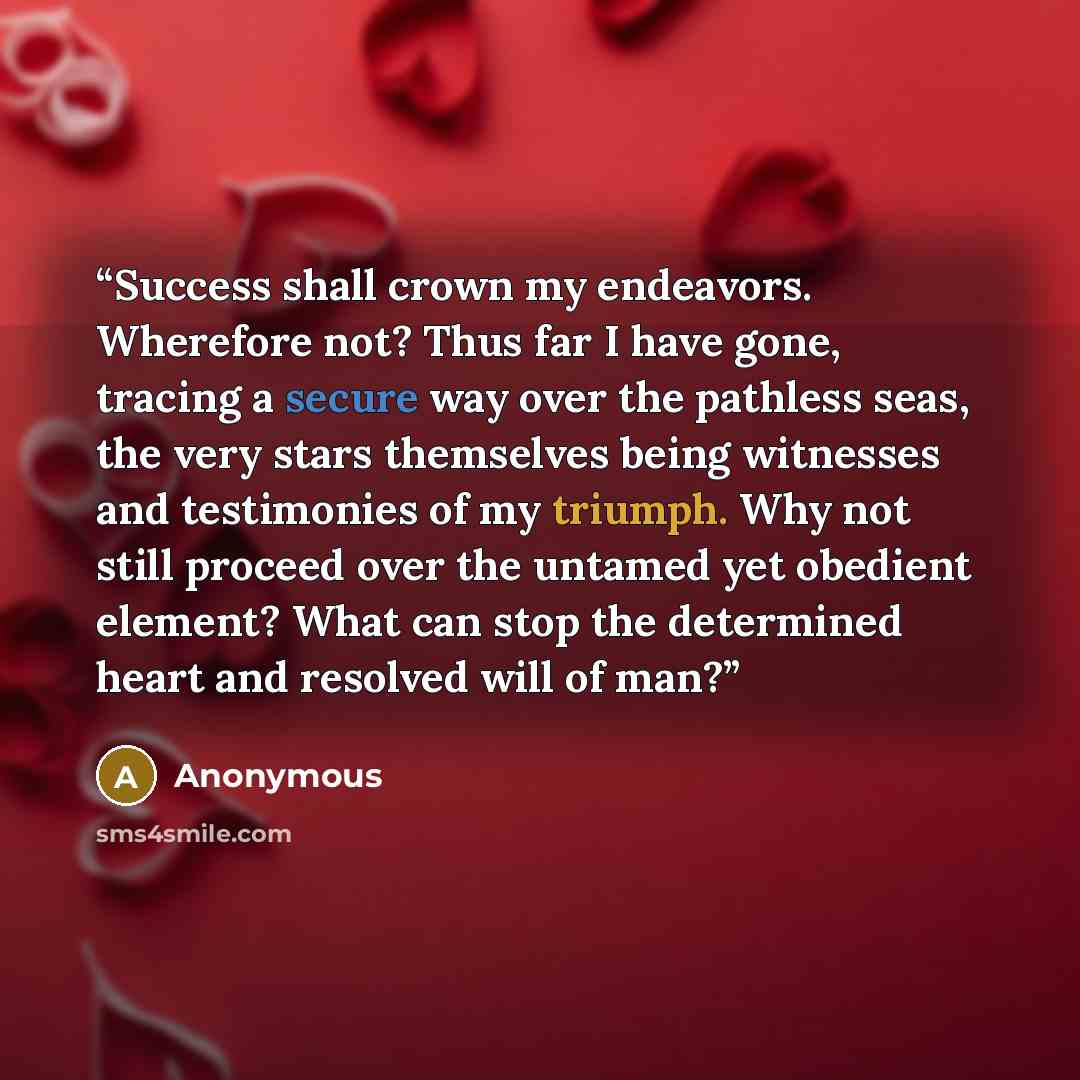 “Success shall crown my endeavors. Wherefore not? Thus far I have gone, tracing a secure way over the pathless seas, the very stars themselves being witnesses and testimonies of my triumph. Why not still proceed over the untamed yet obedient element? What can stop the determined heart and resolved…” quote by Anonymous