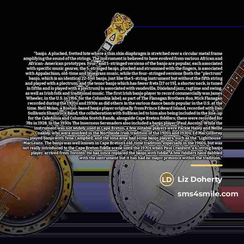 “banjo. A plucked, fretted lute where a thin skin diaphragm is stretched over a circular metal frame amplifying the sound of the strings. The instrument is believed to have evolved from various African and African-American prototypes. Four- and 5-stringed versions of the banjo are popular, each…” quote by Liz Doherty