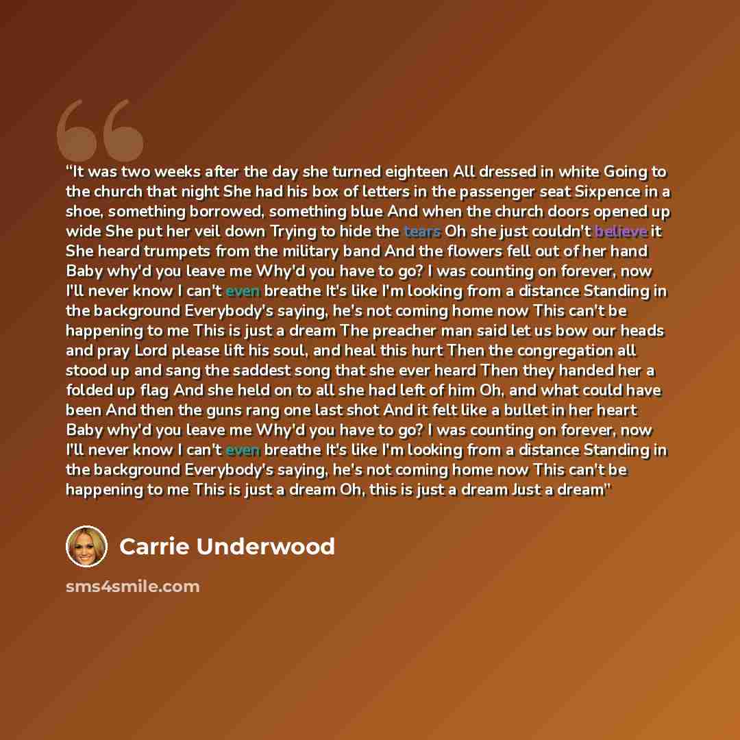 “It was two weeks after the day she turned eighteen All dressed in white Going to the church that night She had his box of letters in the passenger seat Sixpence in a shoe, something borrowed, something blue And when the church doors opened up wide She put her veil down Trying to hide the tears Oh…” quote by Carrie Underwood