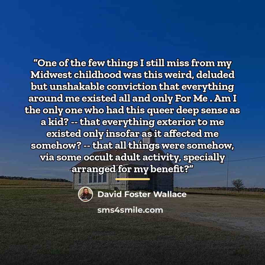 “One of the few things I still miss from my Midwest childhood was this weird, deluded but unshakable conviction that everything around me existed all and only For Me . Am I the only one who had this queer deep sense as a kid? -- that everything exterior to me existed only insofar as it affected me…” quote by David Foster Wallace