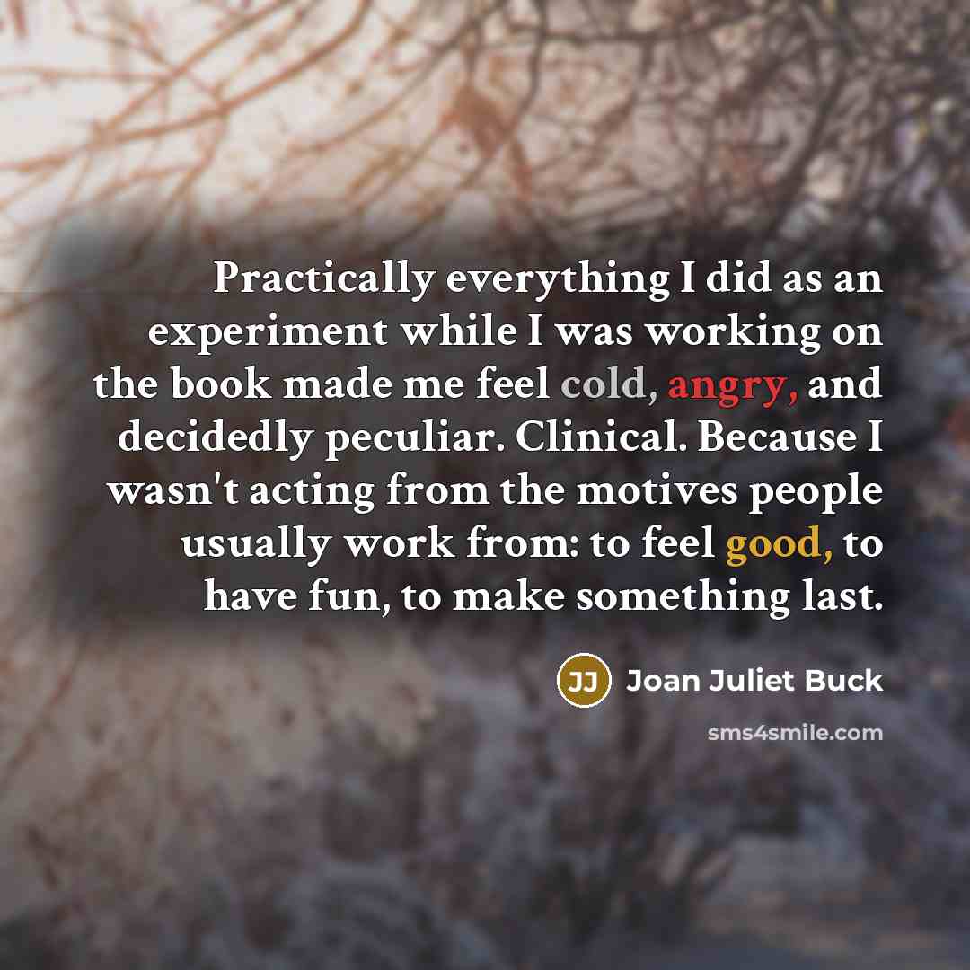 “Practically everything I did as an experiment while I was working on the book made me feel cold, angry, and decidedly peculiar. Clinical. Because I wasn't acting from the motives people usually work from: to feel good, to have fun, to make something last.” quote by Joan Juliet Buck