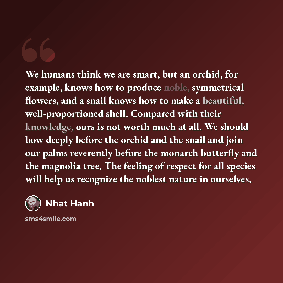 “We humans think we are smart, but an orchid, for example, knows how to produce noble, symmetrical flowers, and a snail knows how to make a beautiful, well-proportioned shell. Compared with their knowledge, ours is not worth much at all. We should bow deeply before the orchid and the snail and join…” quote by Nhat Hanh