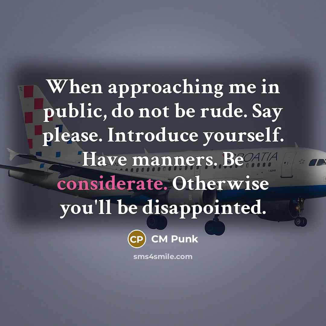 “When approaching me in public, do not be rude. Say please. Introduce yourself. Have manners. Be considerate. Otherwise you'll be disappointed.” quote by CM Punk