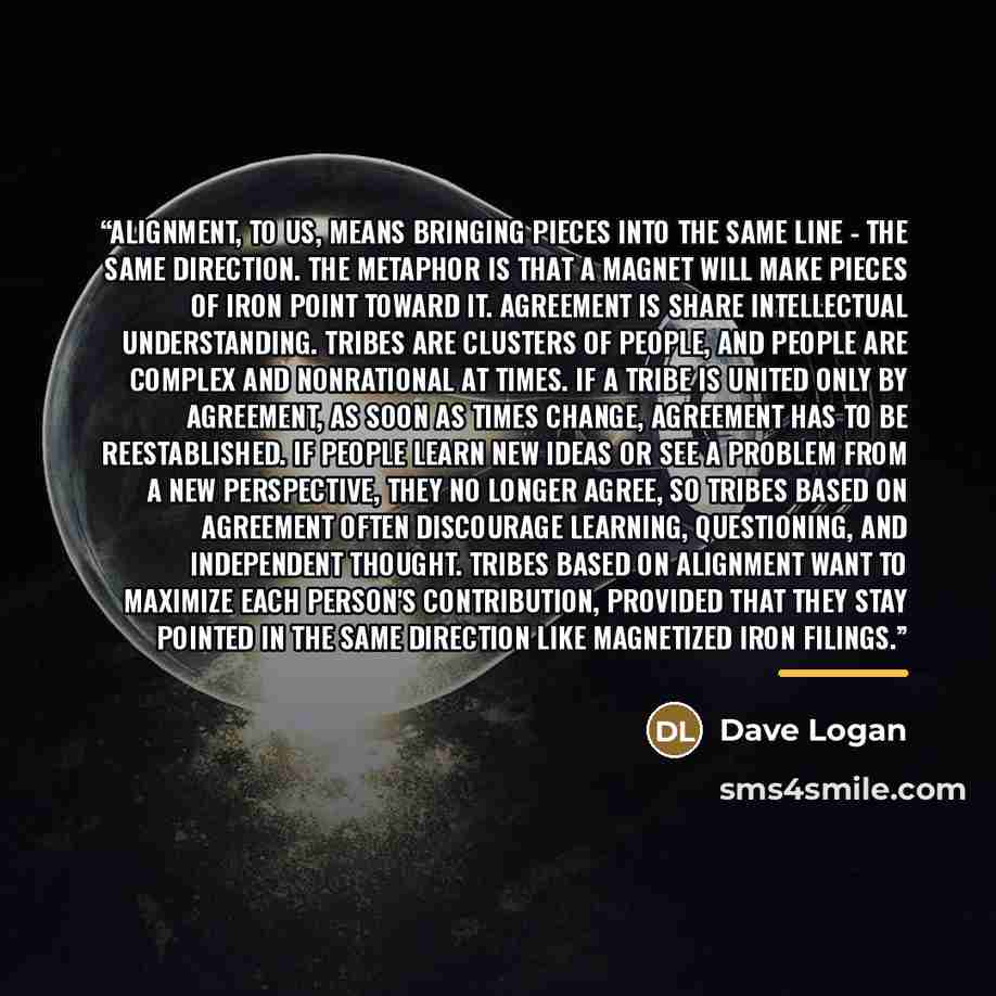 “Alignment, to us, means bringing pieces into the same line - the same direction. The metaphor is that a magnet will make pieces of iron point toward it. Agreement is share intellectual understanding. Tribes are clusters of people, and people are complex and nonrational at times. If a tribe is…” quote by Dave Logan