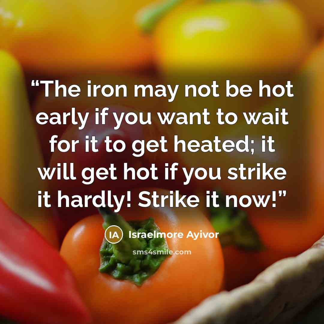“The iron may not be hot early if you want to wait for it to get heated; it will get hot if you strike it hardly! Strike it now!” quote by Israelmore Ayivor