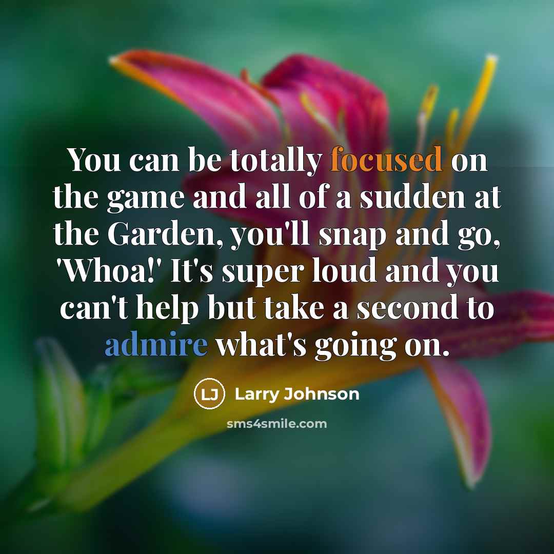“You can be totally focused on the game and all of a sudden at the Garden, you'll snap and go, 'Whoa!' It's super loud and you can't help but take a second to admire what's going on.” quote by Larry Johnson