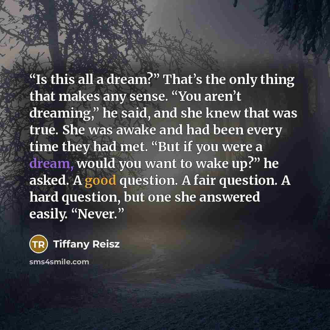 “Is this all a dream?” That’s the only thing that makes any sense. “You aren’t dreaming,” he said, and she knew that was true. She was awake and had been every time they had met. “But if you were a dream, would you want to wake up?” he asked. A good question. A fair question. A hard question, but…” quote by Tiffany Reisz