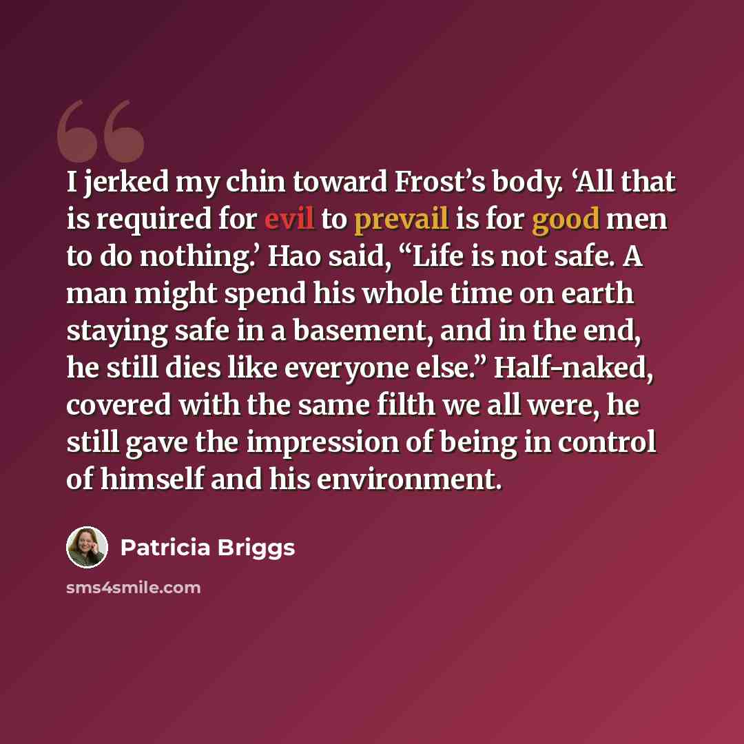 “I jerked my chin toward Frost’s body. ‘All that is required for evil to prevail is for good men to do nothing.’ Hao said, “Life is not safe. A man might spend his whole time on earth staying safe in a basement, and in the end, he still dies like everyone else.” Half-naked, covered with the same…” quote by Patricia Briggs