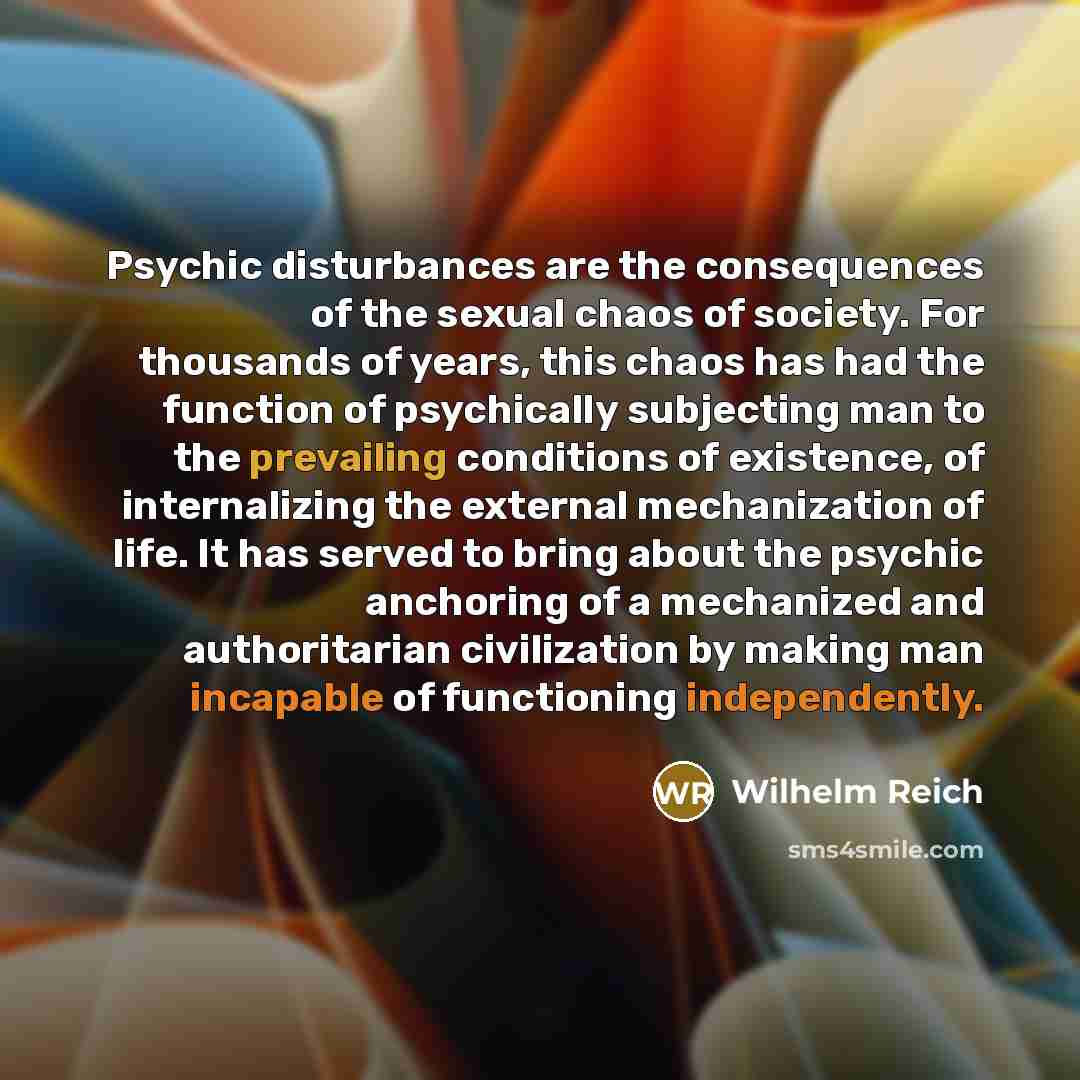 “Psychic disturbances are the consequences of the sexual chaos of society. For thousands of years, this chaos has had the function of psychically subjecting man to the prevailing conditions of existence, of internalizing the external mechanization of life. It has served to bring about the psychic…” quote by Wilhelm Reich