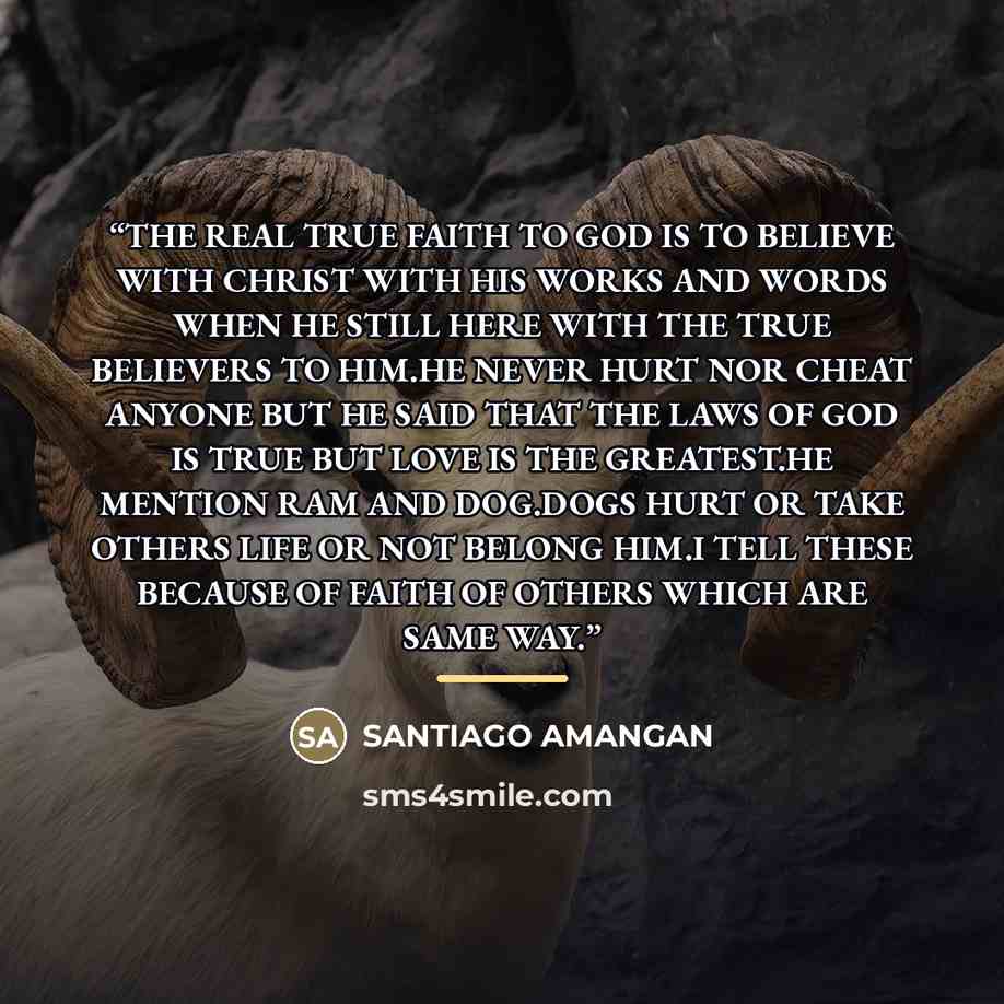 “THE REAL TRUE FAITH TO GOD IS TO BELIEVE WITH CHRIST WITH HIS WORKS AND WORDS WHEN HE STILL HERE WITH THE TRUE BELIEVERS TO HIM.HE NEVER HURT NOR CHEAT ANYONE BUT HE SAID THAT THE LAWS OF GOD IS TRUE BUT LOVE IS THE GREATEST.HE MENTION RAM AND DOG.DOGS HURT OR TAKE OTHERS LIFE OR NOT BELONG HIM.I…” quote by SANTIAGO AMANGAN