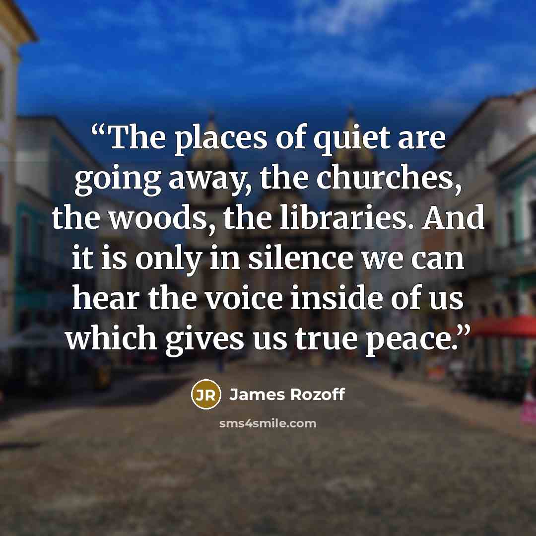 “The places of quiet are going away, the churches, the woods, the libraries. And it is only in silence we can hear the voice inside of us which gives us true peace.” quote by James Rozoff