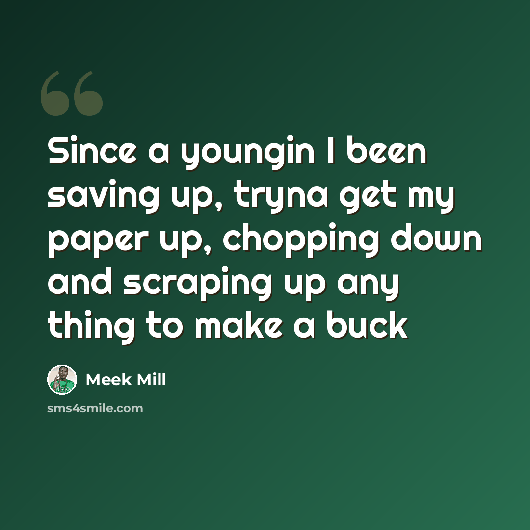 “Since a youngin I been saving up, tryna get my paper up, chopping down and scraping up any thing to make a buck” quote by Meek Mill