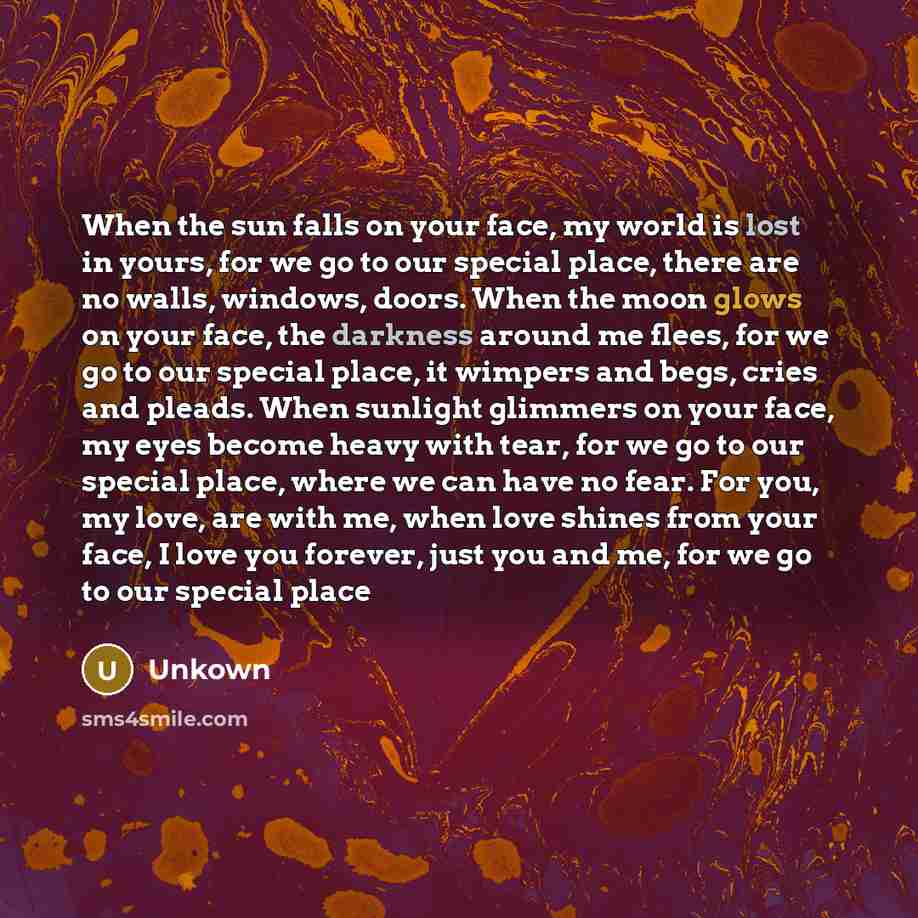 “When the sun falls on your face, my world is lost in yours, for we go to our special place, there are no walls, windows, doors. When the moon glows on your face, the darkness around me flees, for we go to our special place, it wimpers and begs, cries and pleads. When sunlight glimmers on your…” quote by Unkown