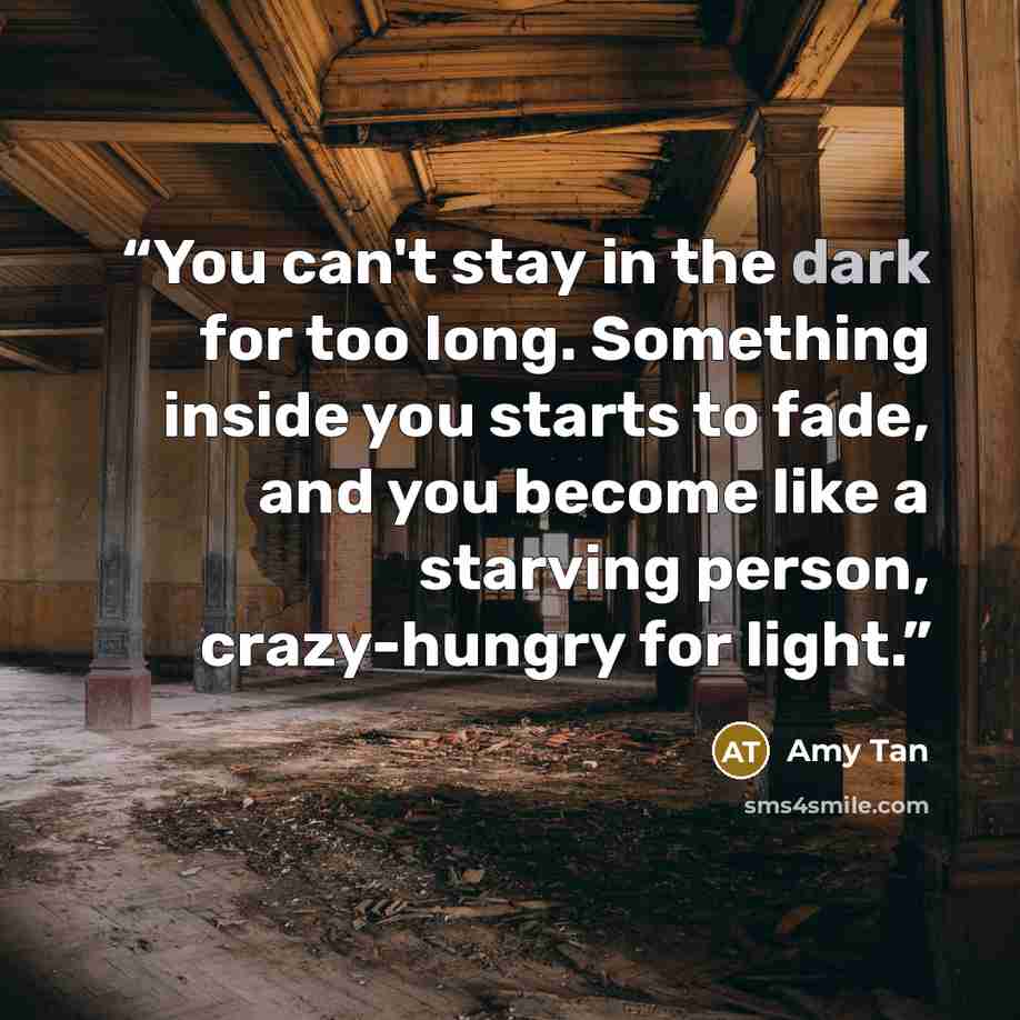 “You can't stay in the dark for too long. Something inside you starts to fade, and you become like a starving person, crazy-hungry for light.” quote by Amy Tan