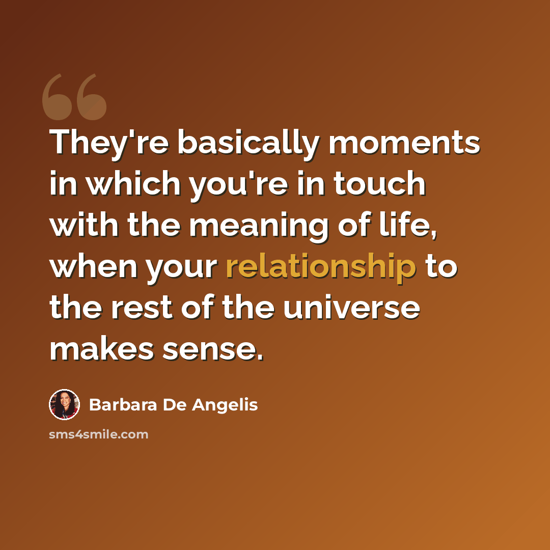 “They're basically moments in which you're in touch with the meaning of life, when your relationship to the rest of the universe makes sense.” quote by Barbara De Angelis