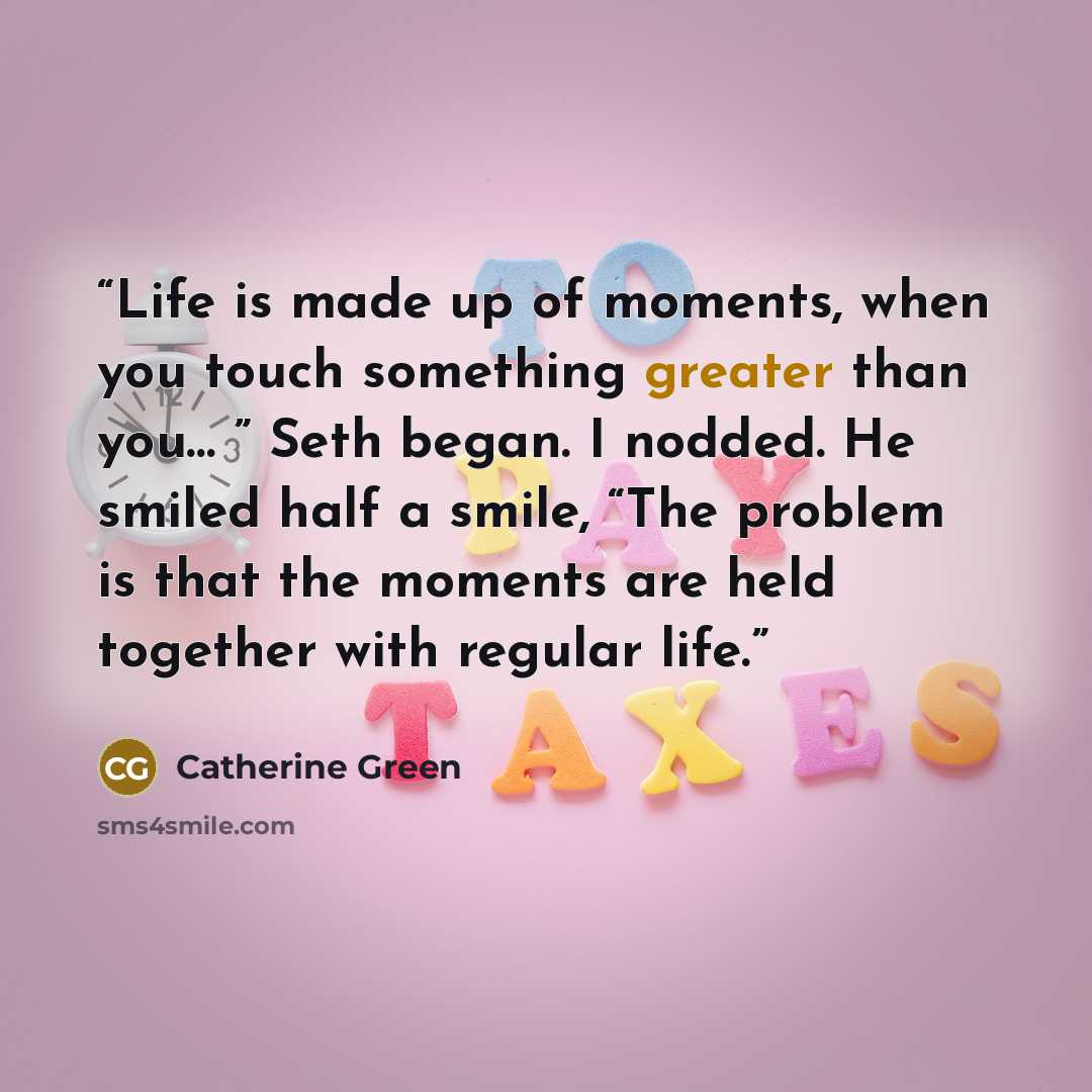 “Life is made up of moments, when you touch something greater than you… ” Seth began. I nodded. He smiled half a smile, “The problem is that the moments are held together with regular life.” quote by Catherine Green