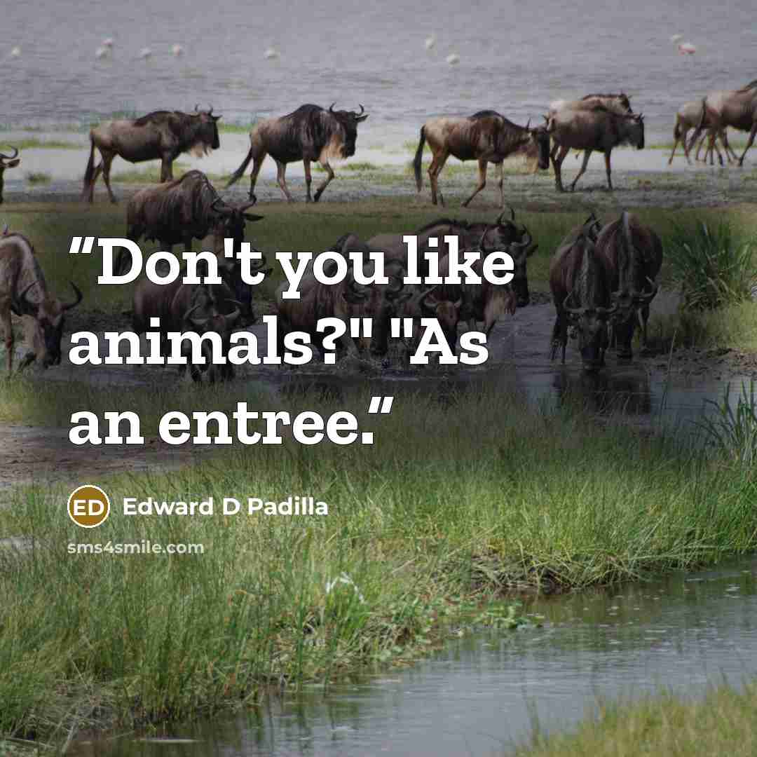 “Don't you like animals?" "As an entree.” quote by Edward D Padilla