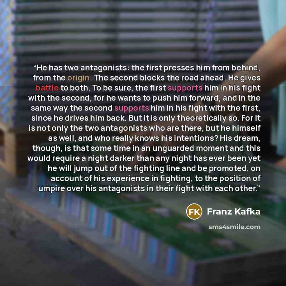 “He has two antagonists: the first presses him from behind, from the origin. The second blocks the road ahead. He gives battle to both. To be sure, the first supports him in his fight with the second, for he wants to push him forward, and in the same way the second supports him in his fight with…” quote by Franz Kafka