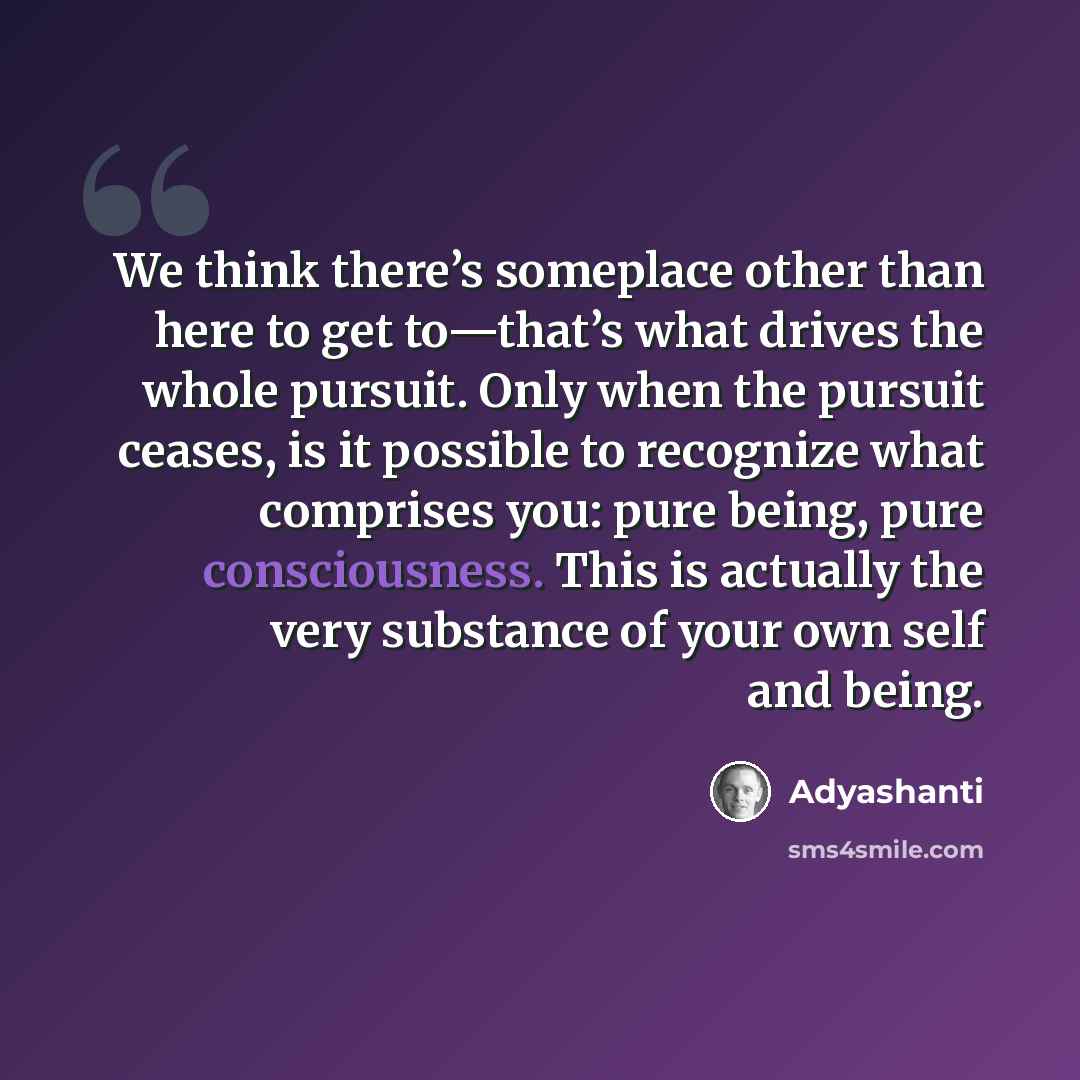 “We think there’s someplace other than here to get to—that’s what drives the whole pursuit. Only when the pursuit ceases, is it possible to recognize what comprises you: pure being, pure consciousness. This is actually the very substance of your own self and being.” quote by Adyashanti