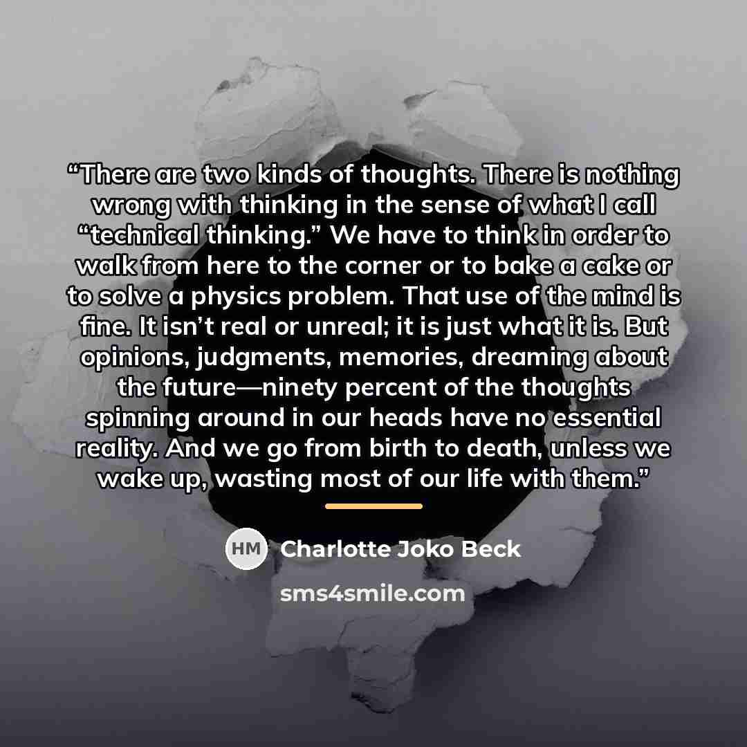 “There are two kinds of thoughts. There is nothing wrong with thinking in the sense of what I call “technical thinking.” We have to think in order to walk from here to the corner or to bake a cake or to solve a physics problem. That use of the mind is fine. It isn’t real or unreal; it is just what…” quote by Charlotte Joko Beck