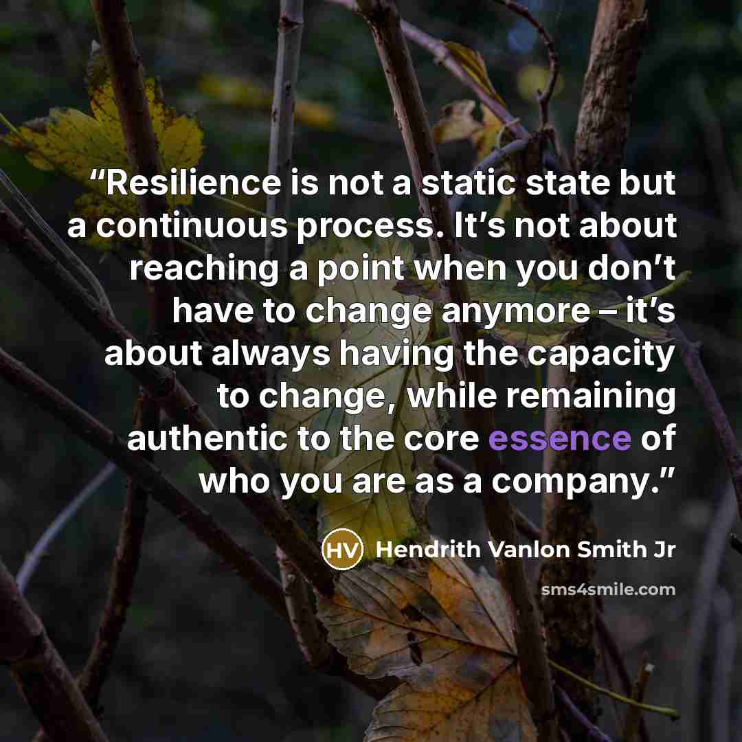 “Resilience is not a static state but a continuous process. It’s not about reaching a point when you don’t have to change anymore – it’s about always having the capacity to change, while remaining authentic to the core essence of who you are as a company.” quote by Hendrith Vanlon Smith Jr