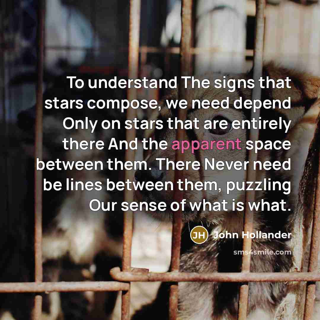 “To understand The signs that stars compose, we need depend Only on stars that are entirely there And the apparent space between them. There Never need be lines between them, puzzling Our sense of what is what.” quote by John Hollander