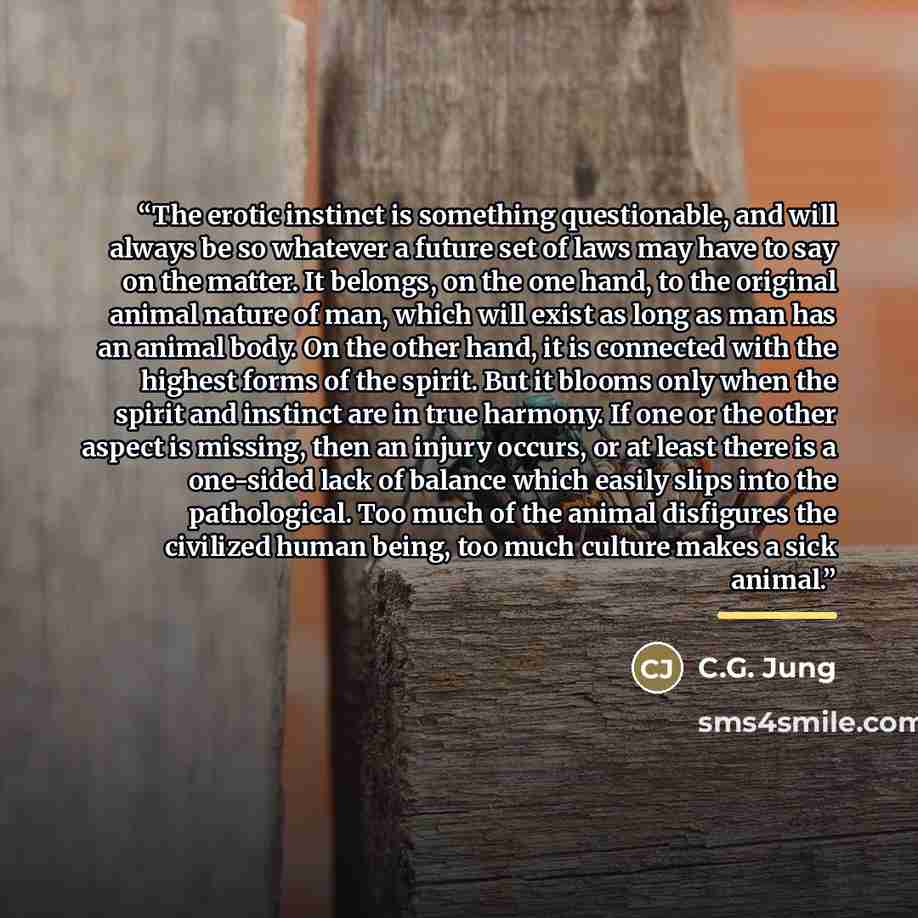 “The erotic instinct is something questionable, and will always be so whatever a future set of laws may have to say on the matter. It belongs, on the one hand, to the original animal nature of man, which will exist as long as man has an animal body. On the other hand, it is connected with the…” quote by C.G. Jung
