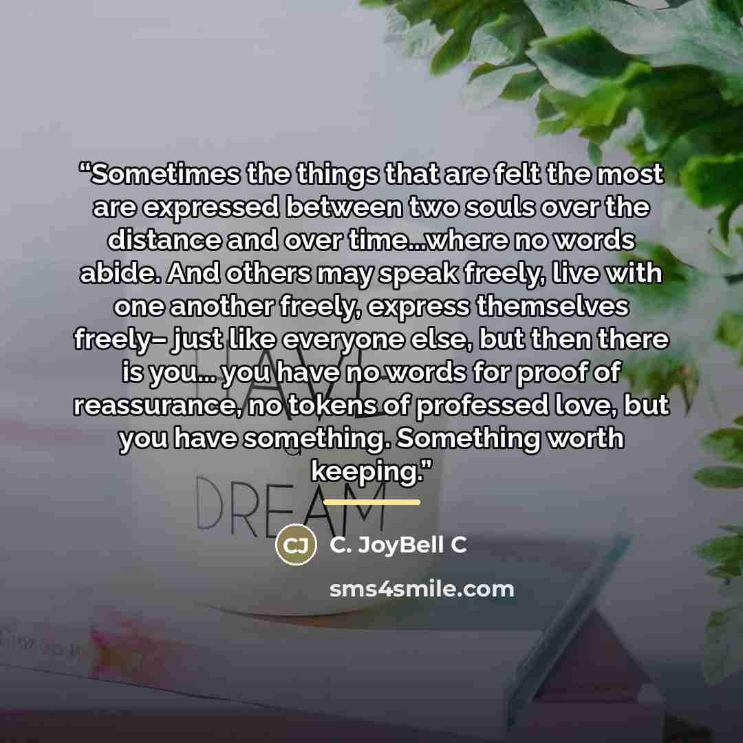 “Sometimes the things that are felt the most are expressed between two souls over the distance and over time...where no words abide. And others may speak freely, live with one another freely, express themselves freely– just like everyone else, but then there is you... you have no words for proof of…” quote by C. JoyBell C