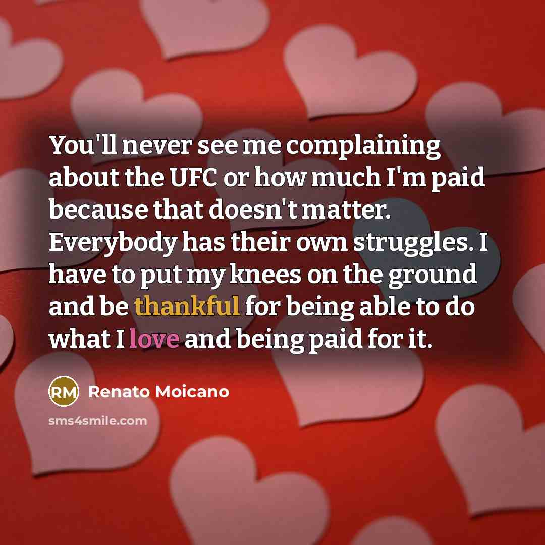 “You'll never see me complaining about the UFC or how much I'm paid because that doesn't matter. Everybody has their own struggles. I have to put my knees on the ground and be thankful for being able to do what I love and being paid for it.” quote by Renato Moicano