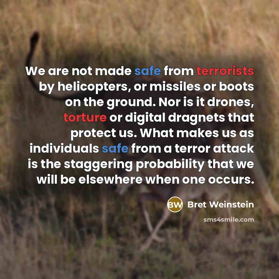 “We are not made safe from terrorists by helicopters, or missiles or boots on the ground. Nor is it drones, torture or digital dragnets that protect us. What makes us as individuals safe from a terror attack is the staggering probability that we will be elsewhere when one occurs.” quote by Bret Weinstein