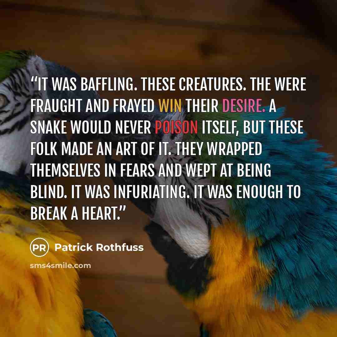 “It was baffling. These creatures. The were fraught and frayed win their desire. A snake would never poison itself, but these folk made an art of it. They wrapped themselves in fears and wept at being blind. It was infuriating. It was enough to break a heart.” quote by Patrick Rothfuss