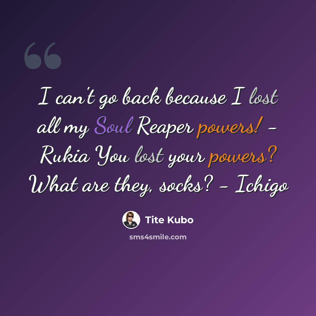 “I can't go back because I lost all my Soul Reaper powers! - Rukia You lost your powers? What are they, socks? - Ichigo” quote by Tite Kubo