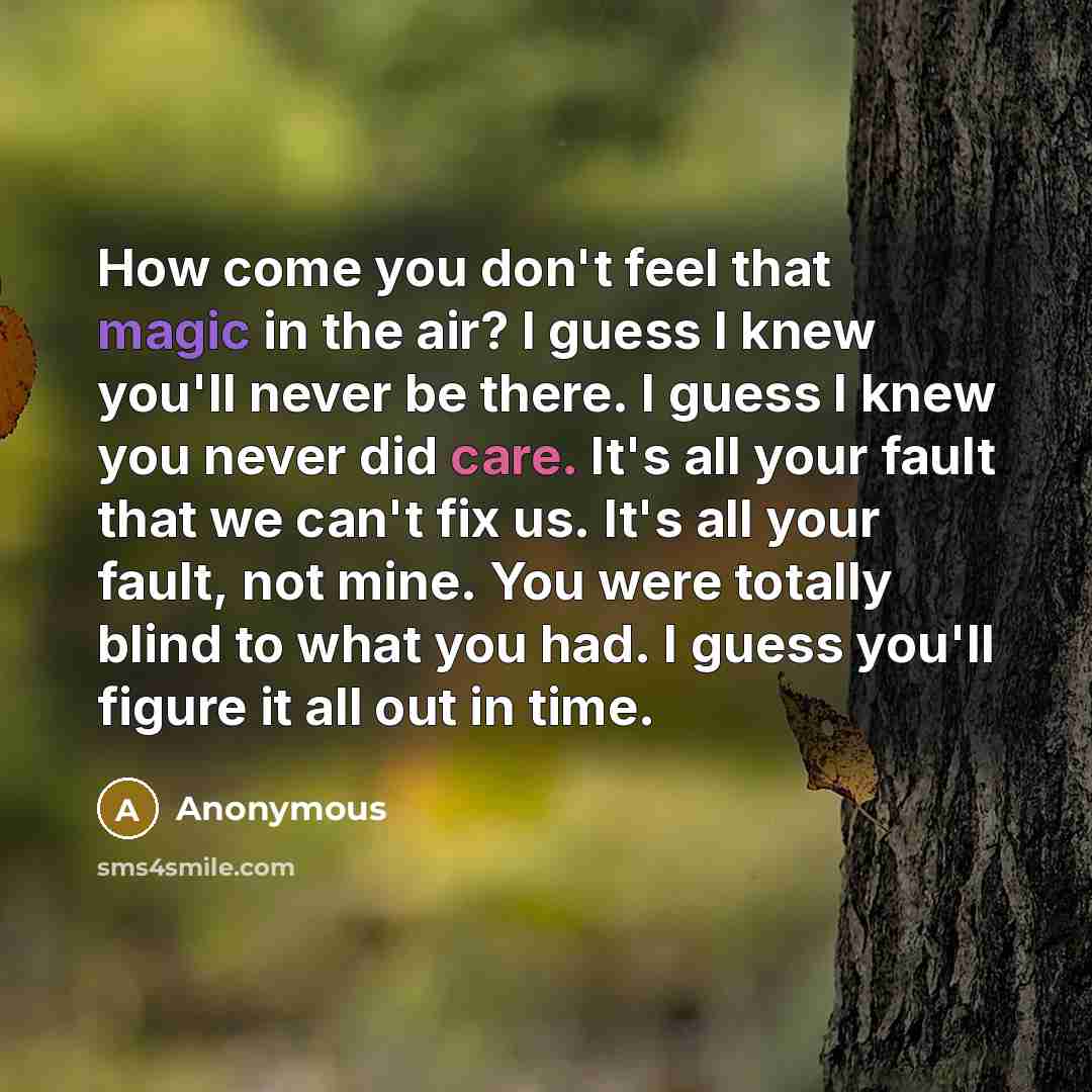 “How come you don't feel that magic in the air? I guess I knew you'll never be there. I guess I knew you never did care. It's all your fault that we can't fix us. It's all your fault, not mine. You were totally blind to what you had. I guess you'll figure it all out in time.” quote by Anonymous