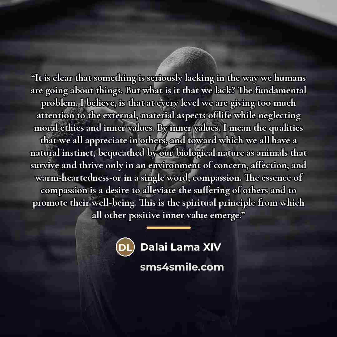 “It is clear that something is seriously lacking in the way we humans are going about things. But what is it that we lack? The fundamental problem, I believe, is that at every level we are giving too much attention to the external, material aspects of life while neglecting moral ethics and inner…” quote by Dalai Lama XIV