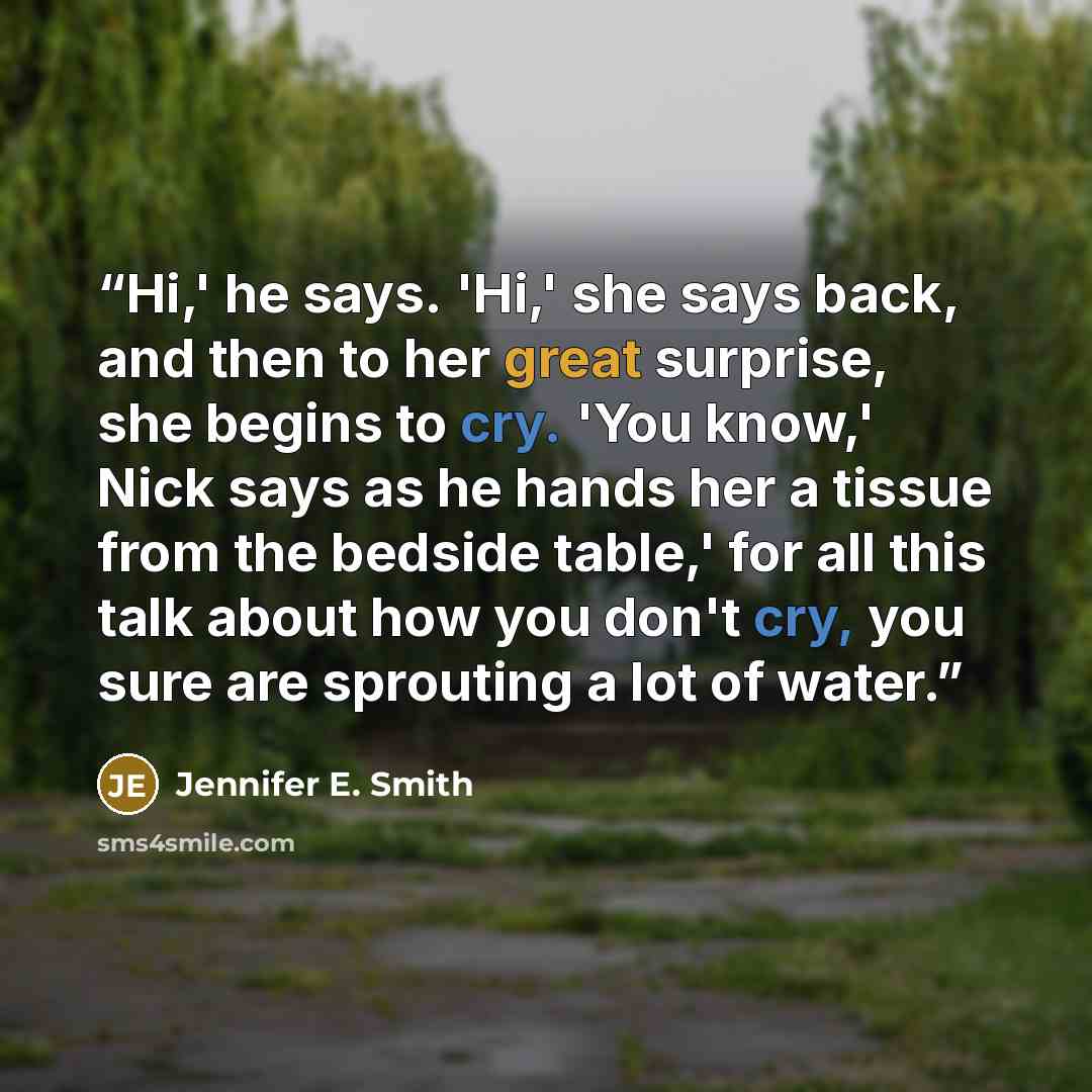 “Hi,' he says. 'Hi,' she says back, and then to her great surprise, she begins to cry. 'You know,' Nick says as he hands her a tissue from the bedside table,' for all this talk about how you don't cry, you sure are sprouting a lot of water.” quote by Jennifer E. Smith
